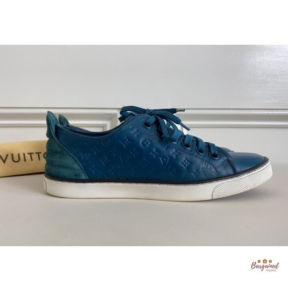 Auth Louis Vuitton Green Monogram Embossed Leather Nubuck Low Top Sneakers 36/6 - Picture 14 of 15